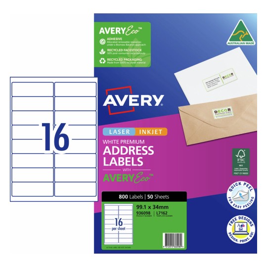 Avery Inkjet Labels L7162 - 16 Per Sheet, 50 Pack