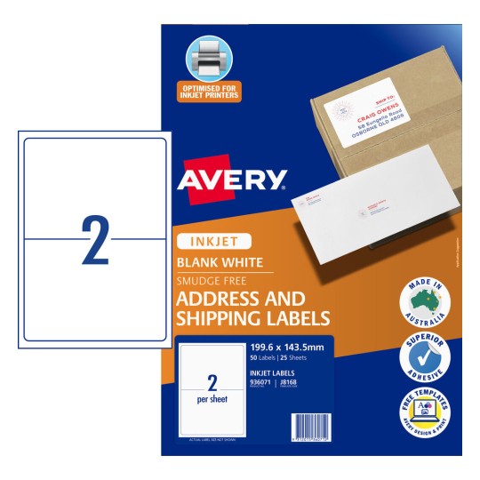 Avery J8168 Inkjet Labels - 2 Labels Per Sheet (25 Pack) 