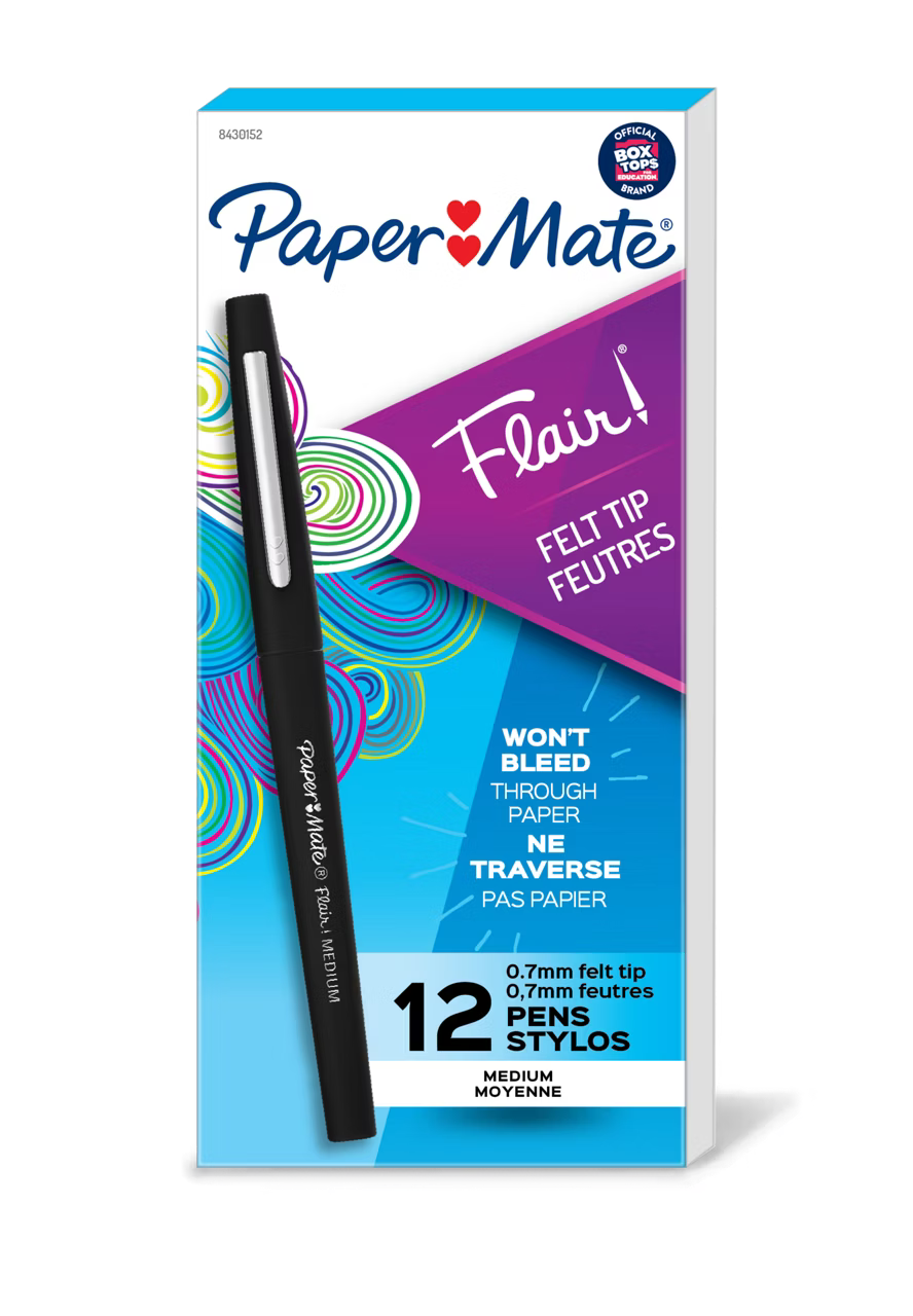 Paper Mate Flair Felt Tip Pens, Black, Fine Point, 12 Pack 