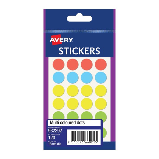 Avery Multi-Color Round Sticky Dots 16mm - 120 Pack 