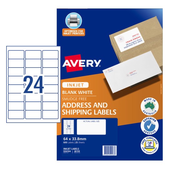 Avery AV J8159 Inkjet Labels - 24 Per Sheet, 25 Sheets