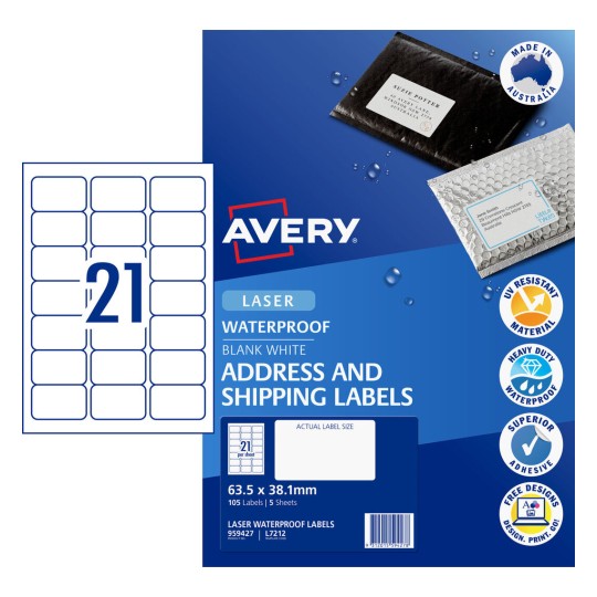 Avery L7212 Weatherproof Labels - 21 Per Sheet - 5 Packs 
