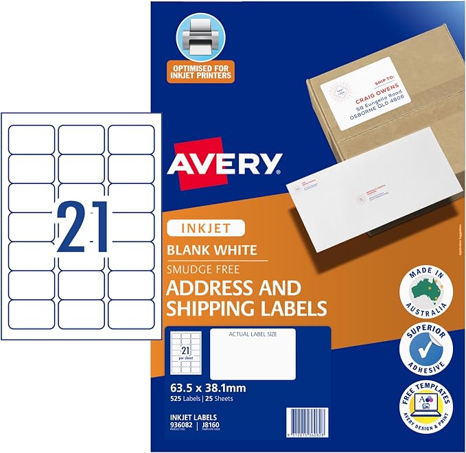 Avery AV Printable Inkjet Labels J8160 - 21 Labels Per Sheet, 25 Pack