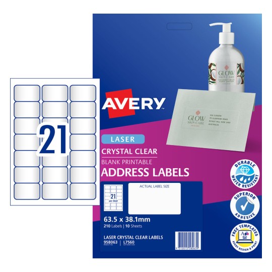 Avery L7560 Clear Laser Labels, 21 Per Sheet, 50 Sheets 