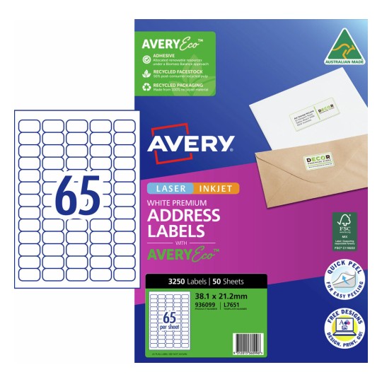 Avery Inkjet Labels L7651 - 65 Per Sheet (50 Pack)