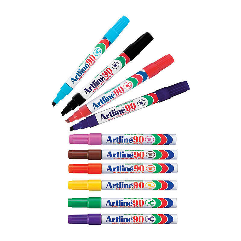 Artline 90 Permanent Chisel Tip Markers | 5mm Assorted Colors - Box of 12 Artline
