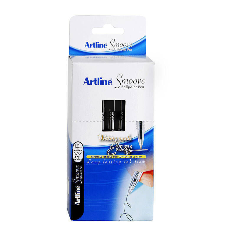 Artline Smoove Black Ballpoint Pens - Medium, Box of 50 Artline