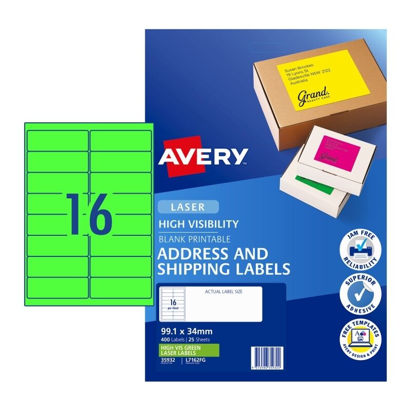 Avery Fluoro Green Hi-Vis Shipping Labels L7162FG (25 Pack) Avery