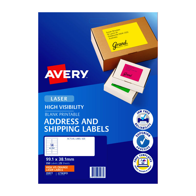 Avery Hi-Vis Orange Laser Shipping Labels L7163FO 25 Pack Avery