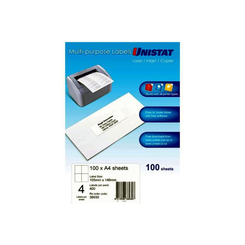 Unistat 105x148mm Address Labels | 4-Up | Laser & Inkjet Compatible Avery
