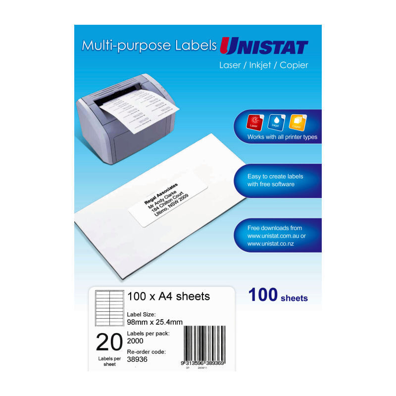 Unistat 98x25mm Self-Adhesive Address Labels for Laser, Inkjet & Copiers Pk100 Avery