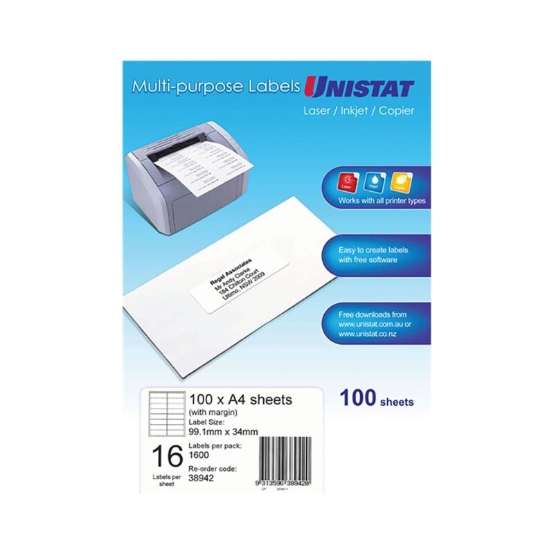 Uni 16UP Self-Adhesive Labels 99x34mm for Printers Avery