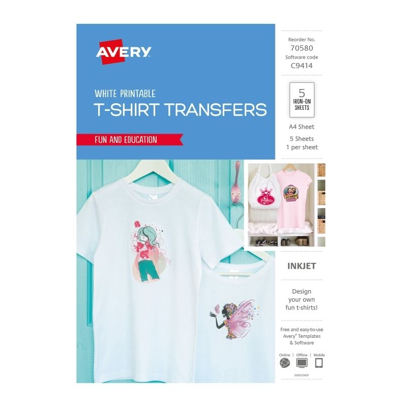Avery Inspired A4 White Iron-On T-Shirt Transfers - 5 Pack Avery