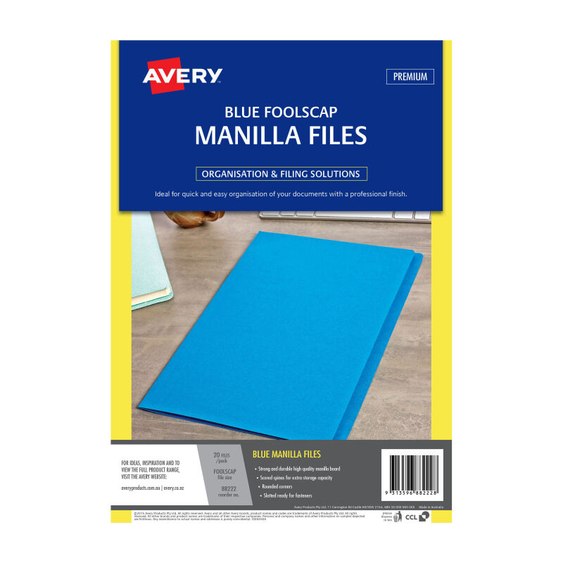 Avery Blue Foolscap Manilla Folders - Pack 20 Avery