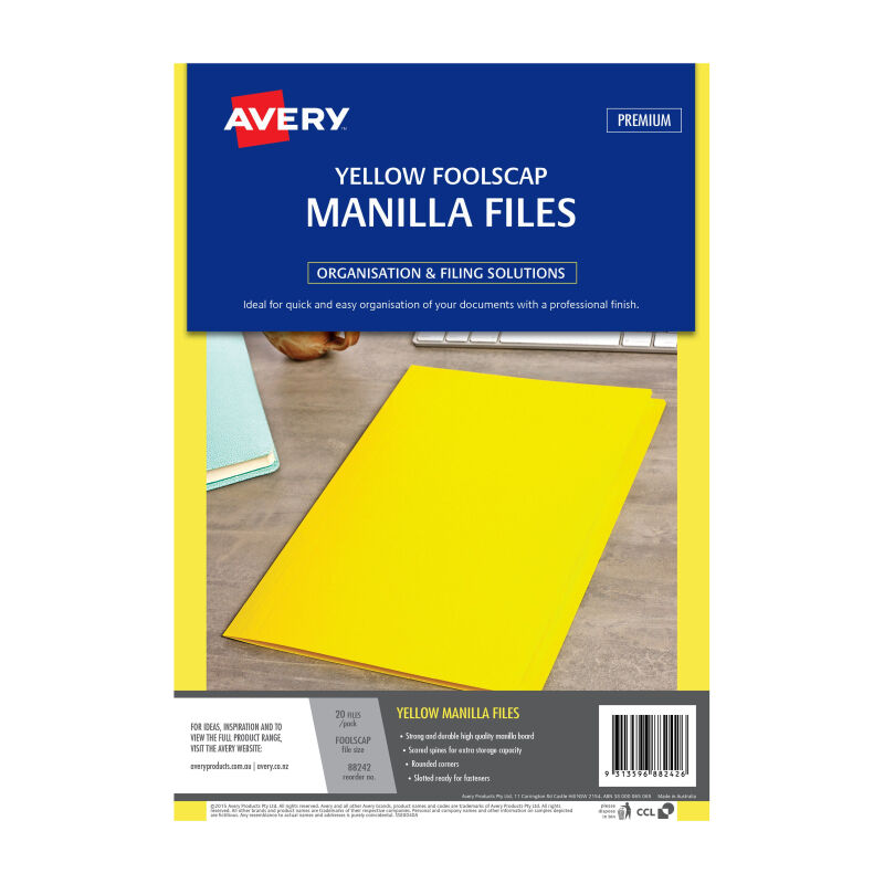 Avery Yellow Foolscap Manilla Folders - Pk 20 Avery