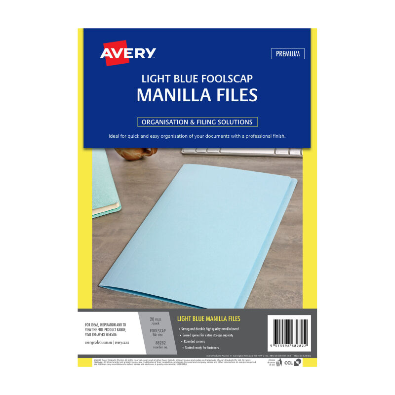 Avery Light Blue Foolscap Manilla Folders - 20 Pack Avery