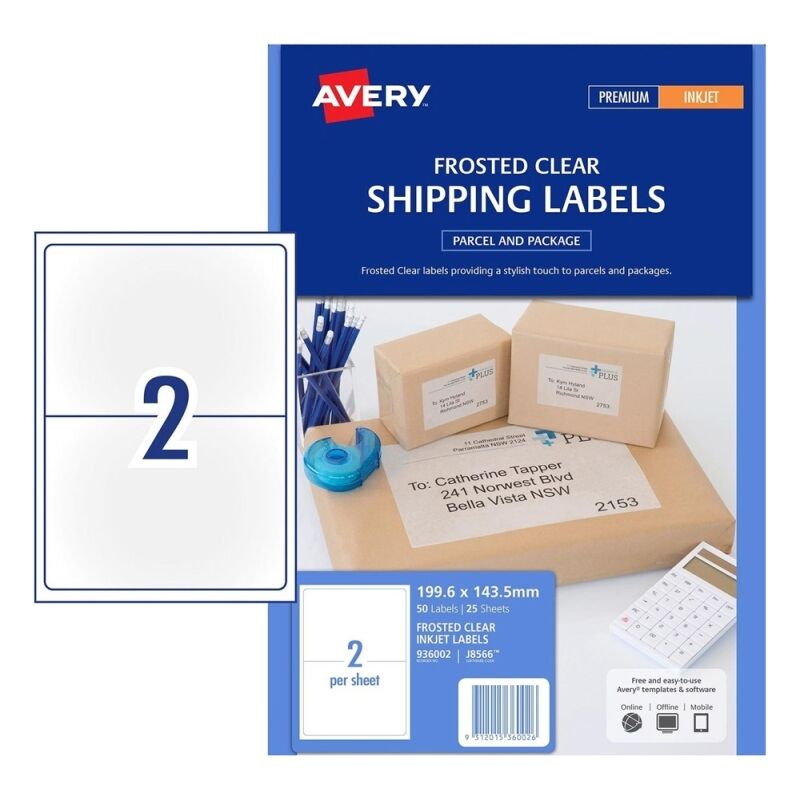 Avery J8566 Inkjet Parcel Labels - 2 Per Sheet (5 x 25 Sheets) 