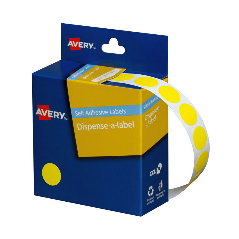 Avery Yellow 14mm Dispenser Dot Stickers - 1050 Labels per Roll Avery