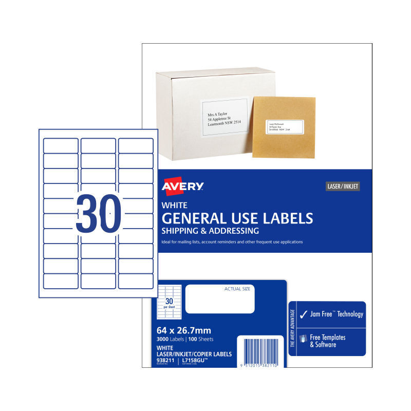Avery L7158GU General Use Printer Labels 64x26.7mm (100 Sheets) Avery