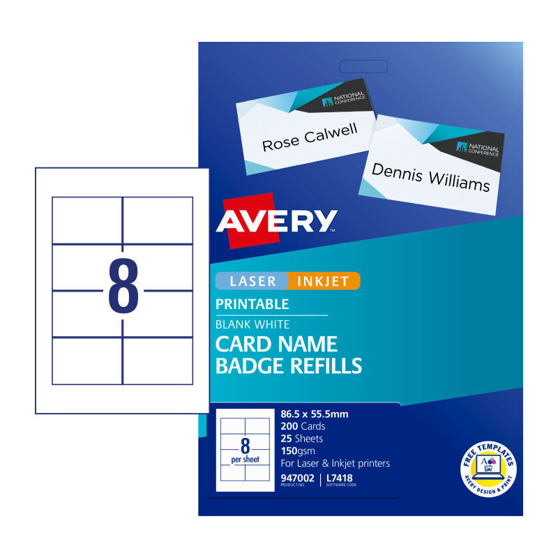 Avery L7418 Name Badge Refills - 200 Printable Cards 86.5x55.5mm Avery