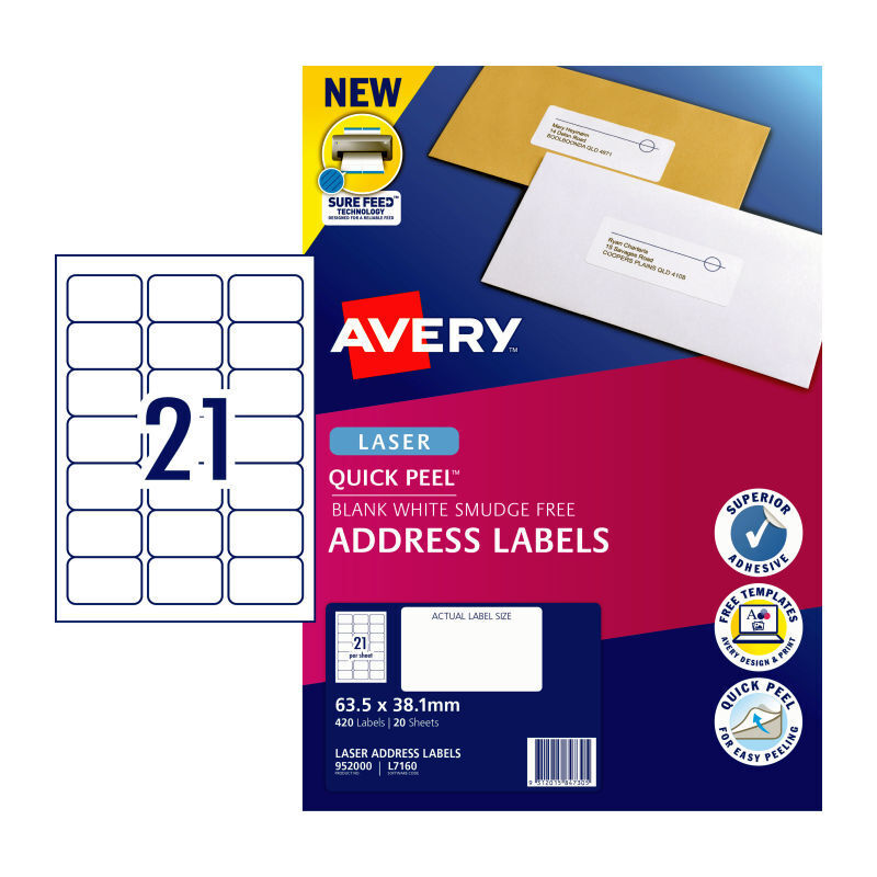 Avery L7160 Quick Peel Laser Labels - 21 Up Jam Free Address Labels Avery