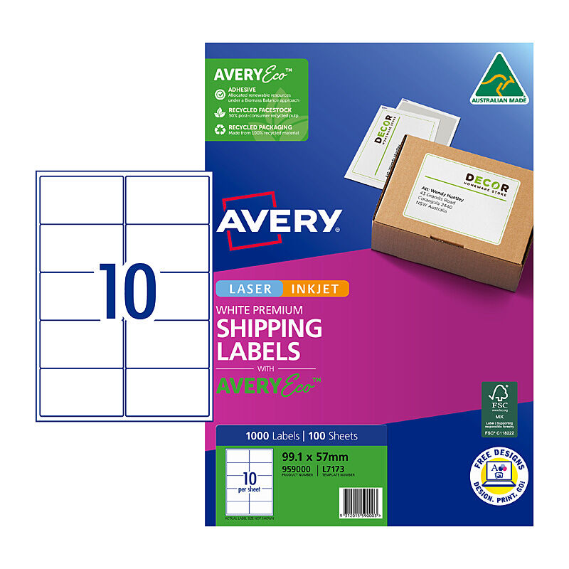 Avery Eco L7173 Sustainable White Labels, 10 Per Sheet, 100 Sheets 