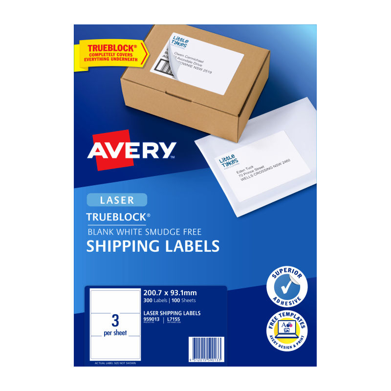 Avery L7155 TrueBlock Laser Shipping Labels - Opaque, 3 Up, 100 Pk Avery