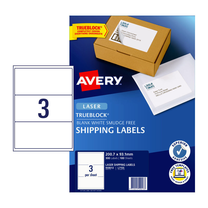 Avery L7155 TrueBlock Laser Shipping Labels - Opaque, 3 Up, 100 Pk Avery
