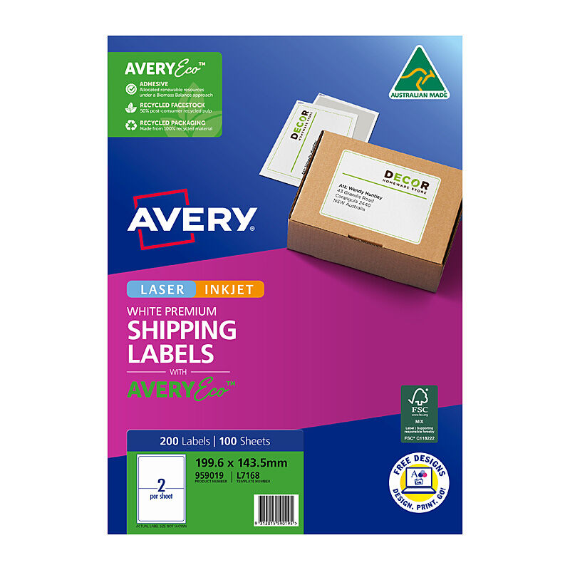 Avery Eco-Friendly L7168 Labels - 2 Per Sheet, Pack of 100 