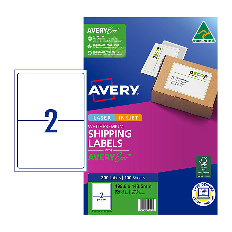 Avery Eco-Friendly L7168 Labels - 2 Per Sheet, Pack of 100 