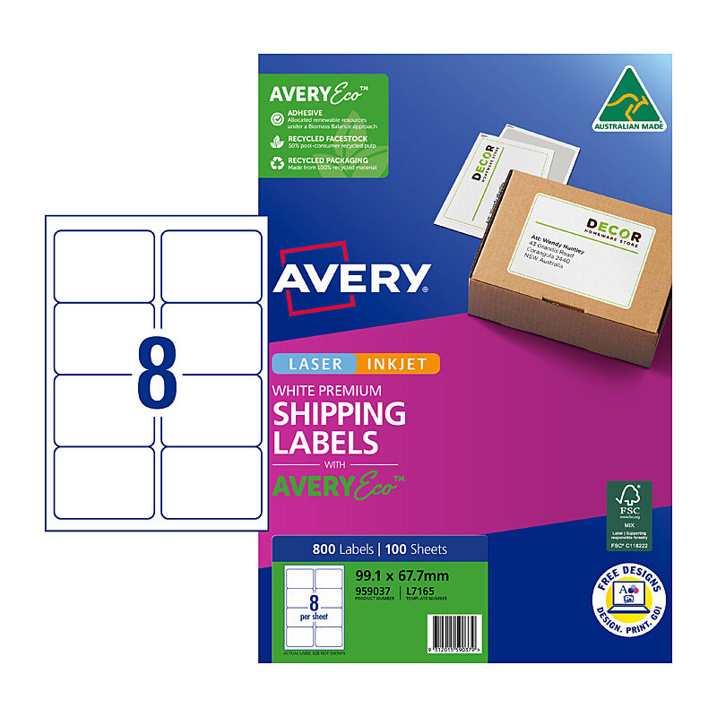Avery Eco L7165 Recycled Labels - 8 Per Sheet, 100 Pack 