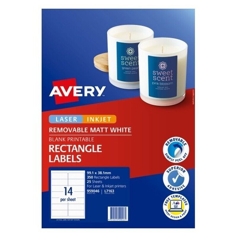 Avery L7163 Removable Multipurpose Labels - 14-Up, Pack of 350 Avery