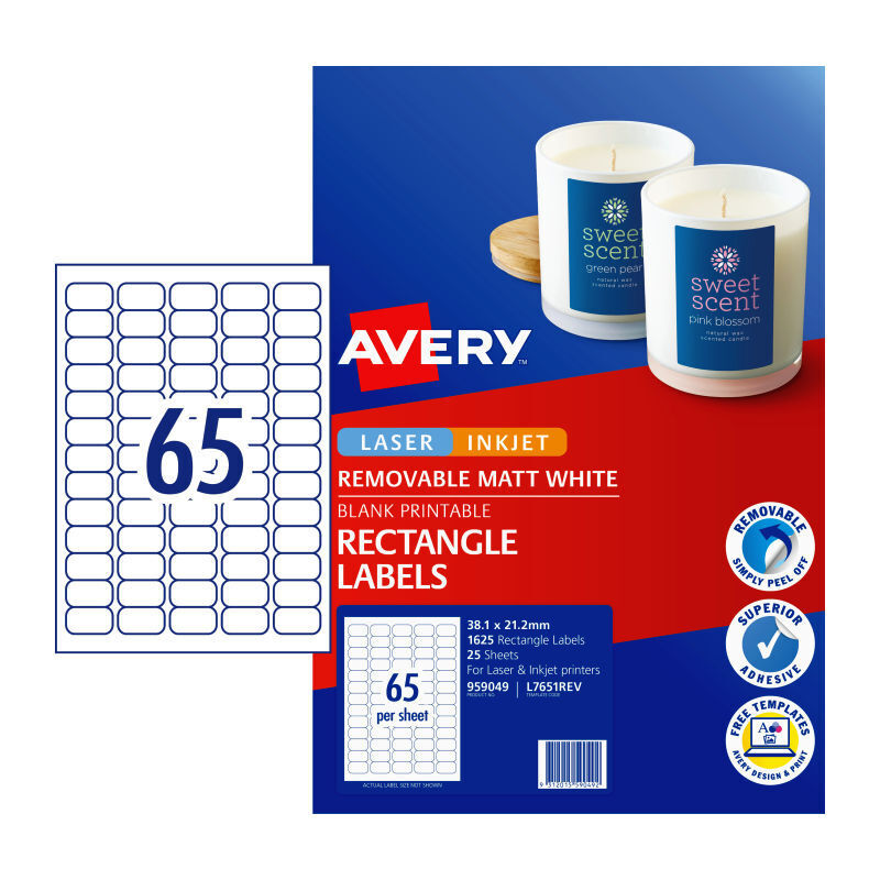 Avery L7651REV Removable Multi-Purpose Labels, Easy Peel, 65 Per Sheet Avery