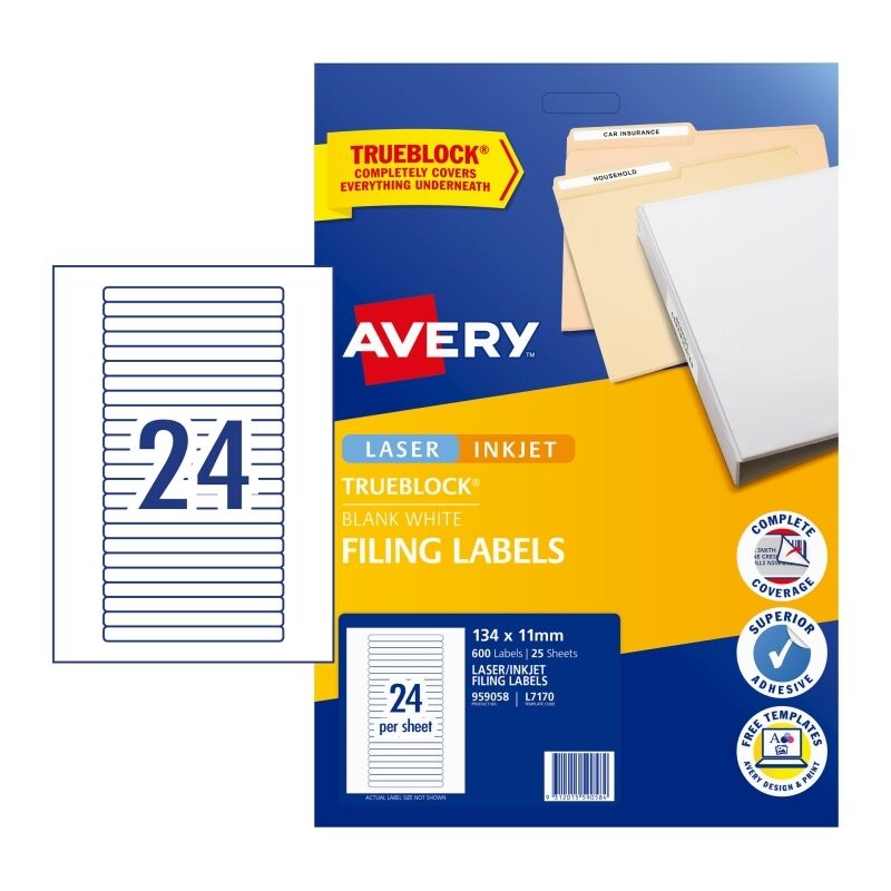 Avery L7170 Permanent File Folder Spine Labels - Inkjet, Pk25 Avery