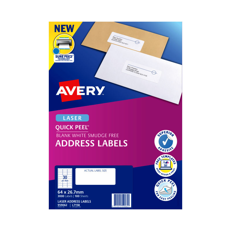 Avery L7163 Quick Peel Laser Address Labels 64x26.7mm, 100 Sheets Avery