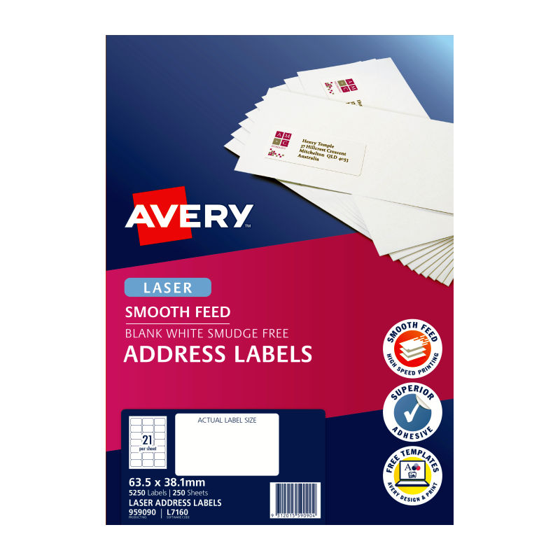 Avery L7160 Laser Address Labels 63.5x38.1mm - 250 Sheets Avery