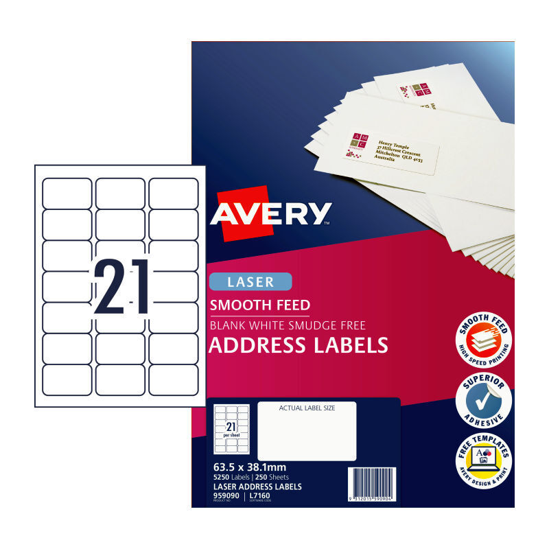 Avery L7160 Laser Address Labels 63.5x38.1mm - 250 Sheets Avery