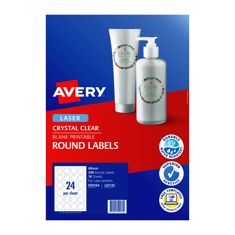 Avery Clear Round Laser Labels 40mm - Multipurpose & Permanent (240 Pack) Avery