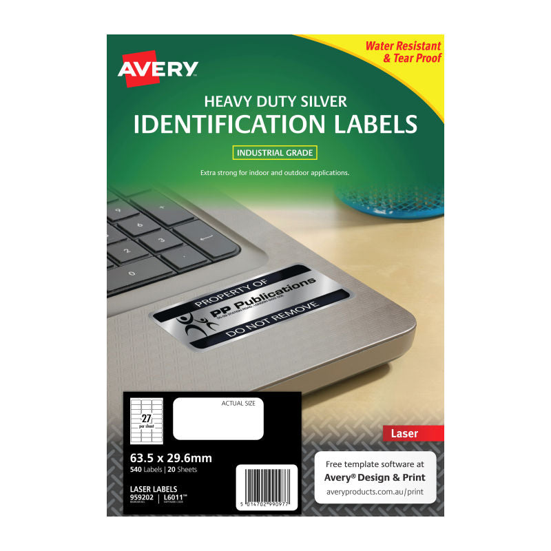 Avery L6011 Heavy Duty Silver Laser Labels 63.5x29.6 27Up Pkt20 Avery