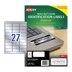 Avery L6011 Heavy Duty Silver Laser Labels 63.5x29.6 27Up Pkt20 Avery