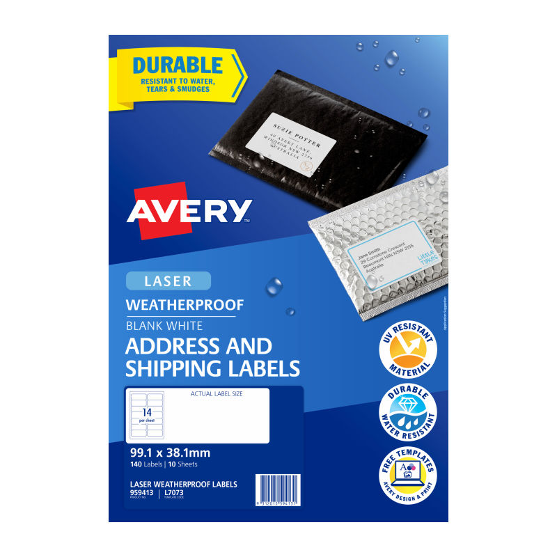 Avery L7073 Weatherproof Laser Labels 99.1x38.1mm - Durable Avery