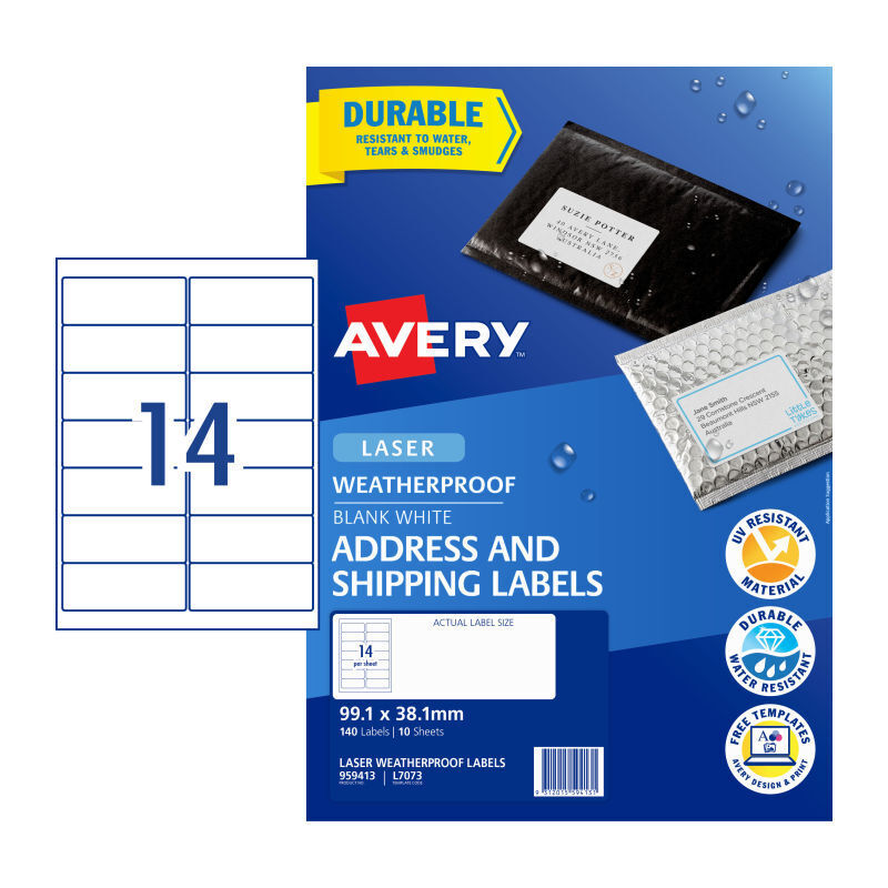Avery L7073 Weatherproof Laser Labels 99.1x38.1mm - Durable Avery