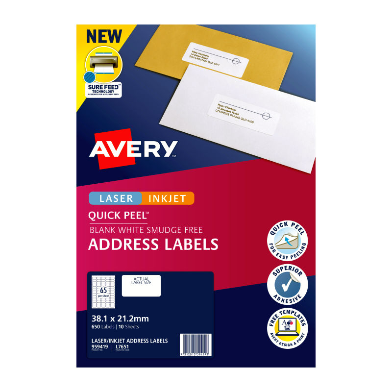Avery Quick Peel Address Labels L7651 - Instant Dry Avery