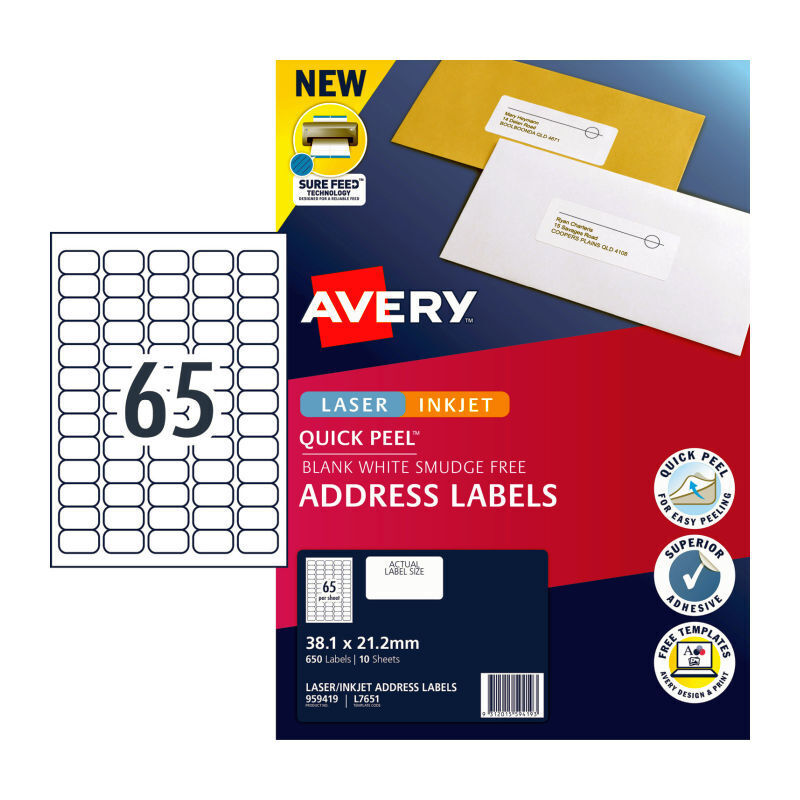 Avery Quick Peel Address Labels L7651 - Instant Dry Avery