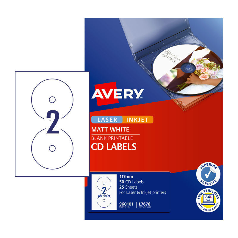 Avery L7676 Matte CD DVD Labels | Inkjet & Laser Printable 50 Pack Avery