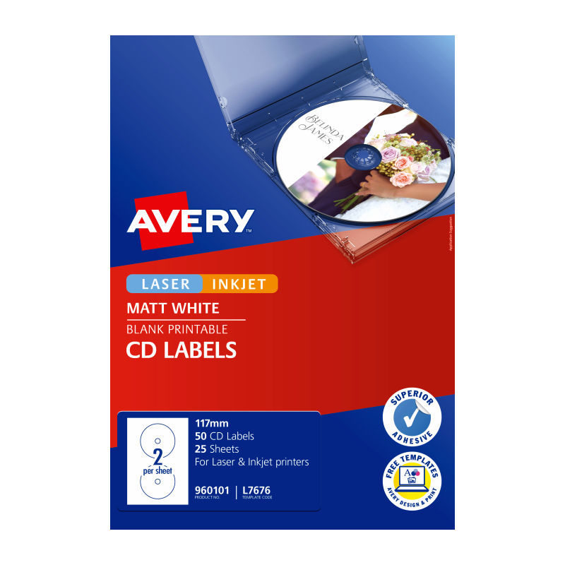 Avery L7676 Matte CD DVD Labels | Inkjet & Laser Printable 50 Pack Avery