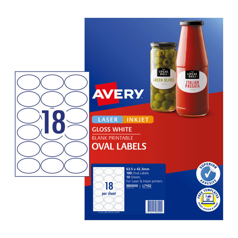 Avery L7102 Glossy Oval Labels - Permanent Adhesive Avery