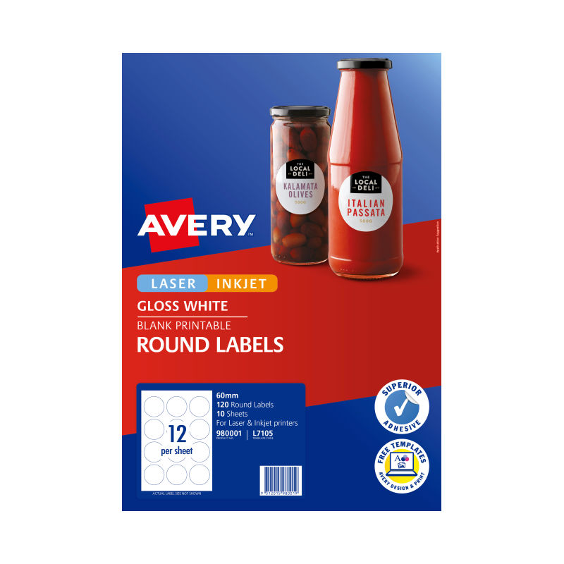 Avery L7105 White Gloss Round Labels, 60mm, Permanent Adhesive Avery