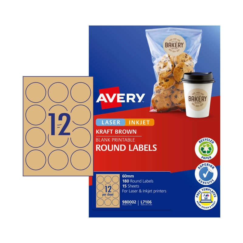 Avery Round Kraft Brown Labels 60mm | Permanent Adhesive Avery