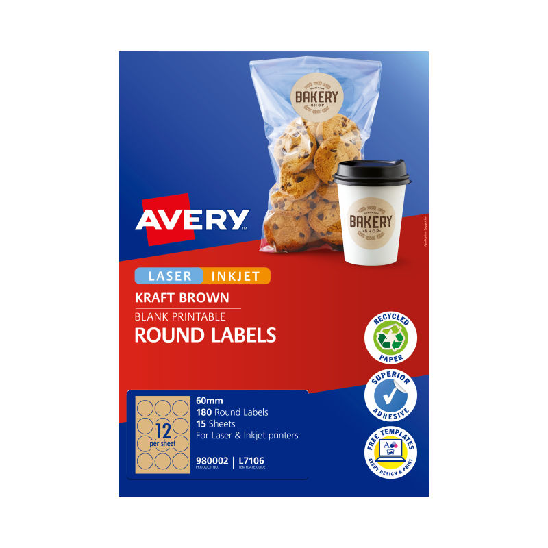 Avery Round Kraft Brown Labels 60mm | Permanent Adhesive Avery